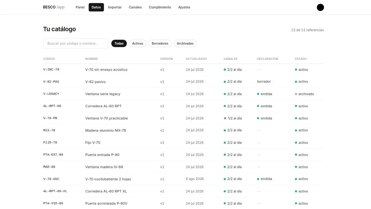Catálogo de /app con 12 referencias: cada fila con su código, versión, fecha de actualización, estado por canal (2/2 al día, o 1/2 con error), estado de la declaración (emitida, borrador) y ciclo de vida.