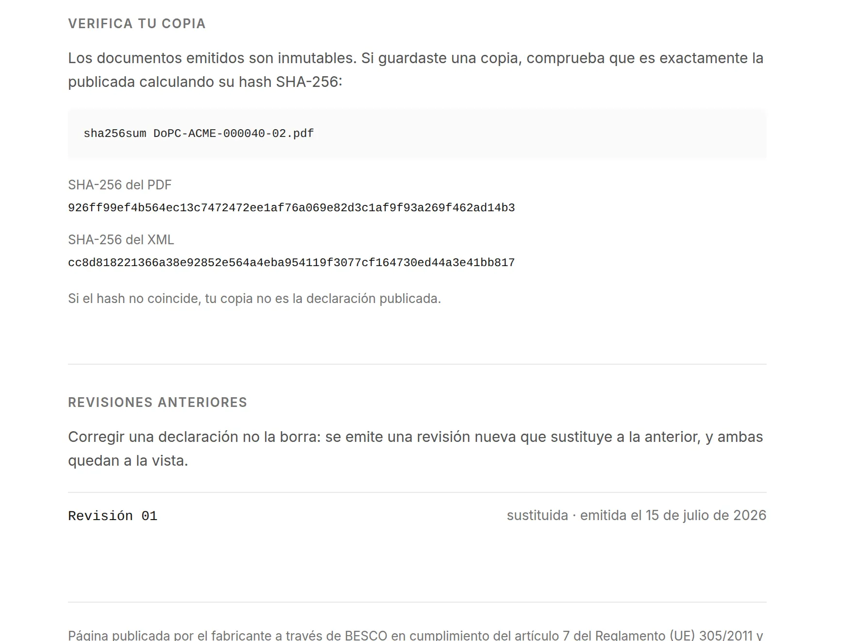 Sección «Verifica tu copia» con los SHA-256 del PDF y del XML, y debajo la cadena de revisiones: la revisión 01 aparece como sustituida, con su fecha de emisión.