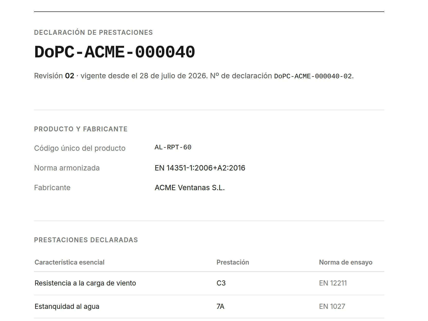 Página pública de una declaración de prestaciones: código DoPC-ACME-000040, revisión 02 vigente, producto AL-RPT-60 de ACME Ventanas S.L. bajo EN 14351-1, y la tabla de prestaciones declaradas con su norma de ensayo.