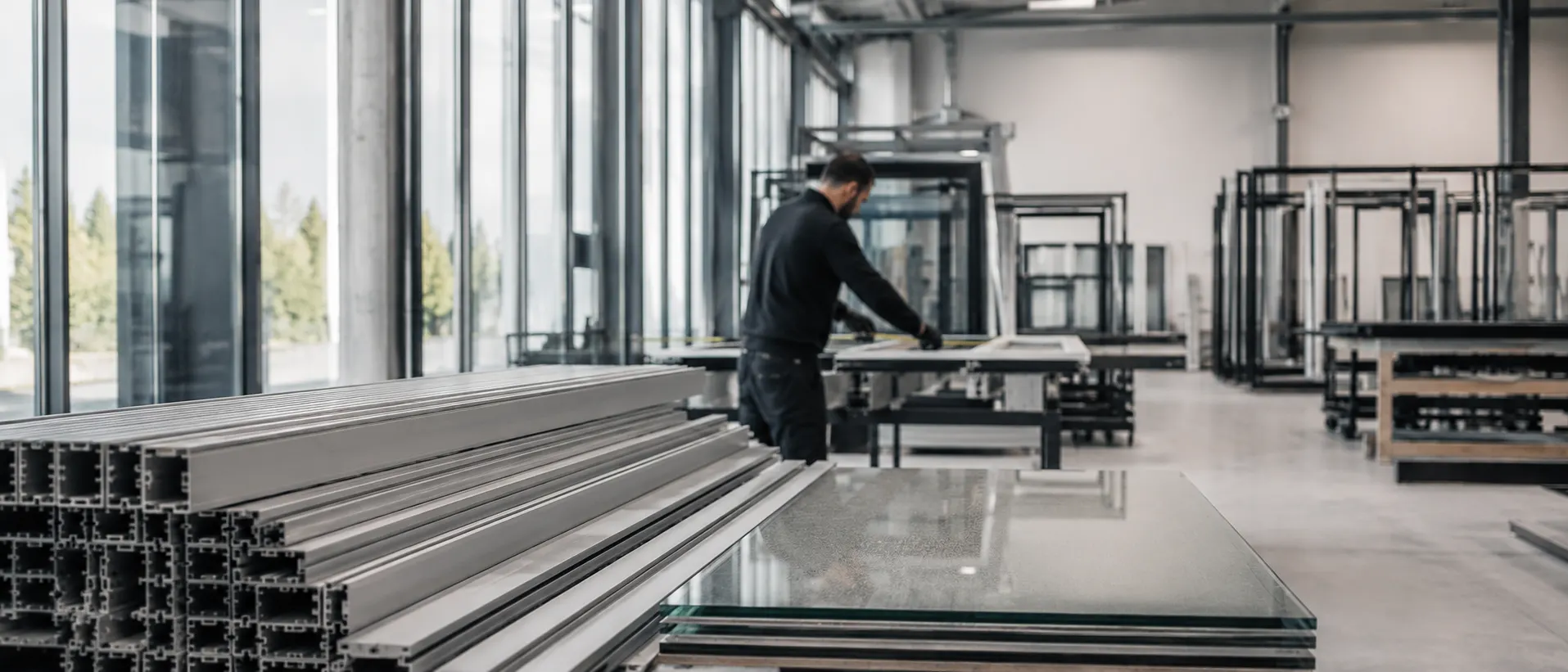 Planta de fabricación de ventanas: perfiles de aluminio apilados y una hoja de vidrio en primer plano, con un técnico midiendo un marco al fondo