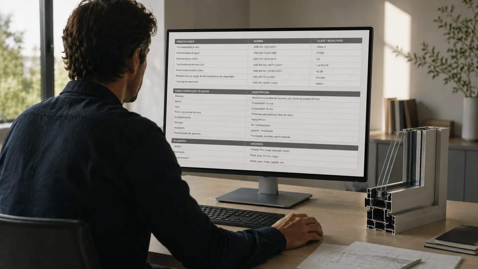 Responsable de oficina técnica revisando una especificación de producto estructurada en un monitor, con una esquina de ventana de aluminio sobre la mesa