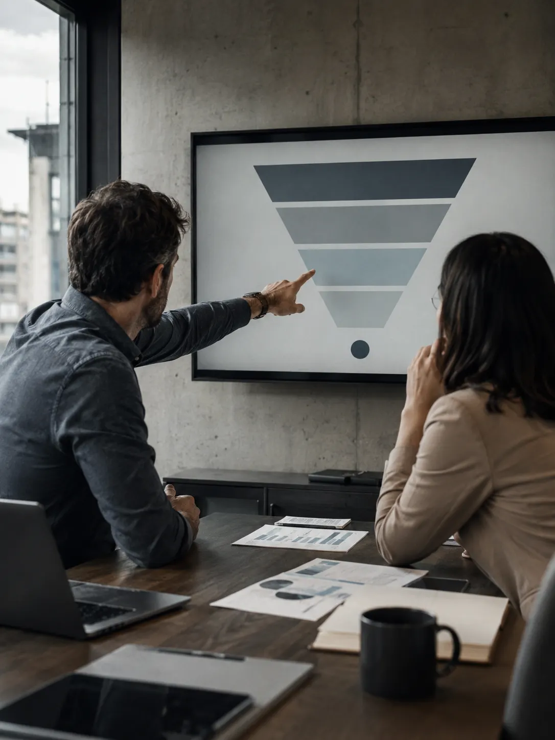Dos profesionales en una sala de reuniones revisando un embudo de ventas en una pantalla, uno señalando una etapa intermedia